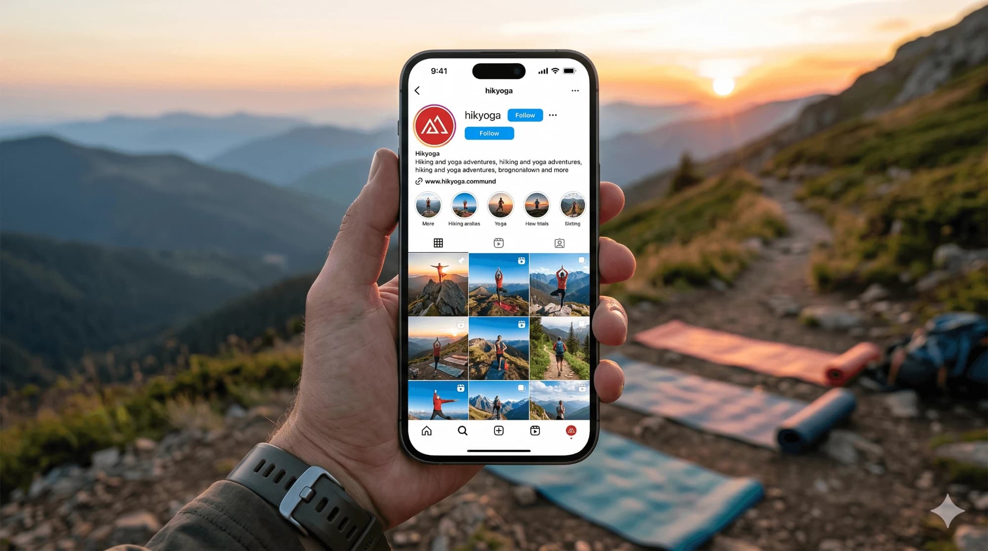 Hand holding a phone showing the Hikyoga Instagram profile on a mountain trail at sunrise