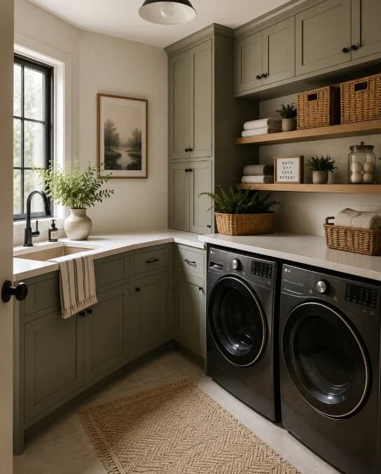 Sage green laundry room with open shelving